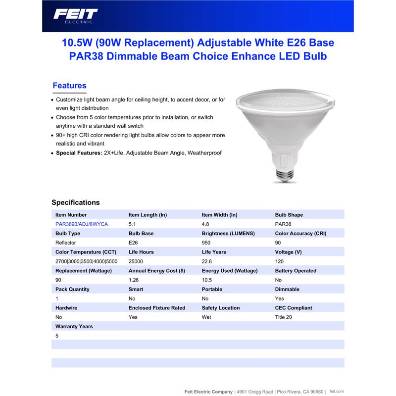 Feit PAR38 E26 (Medium) LED Bulb Adjustable White 90 Watt Equivalence