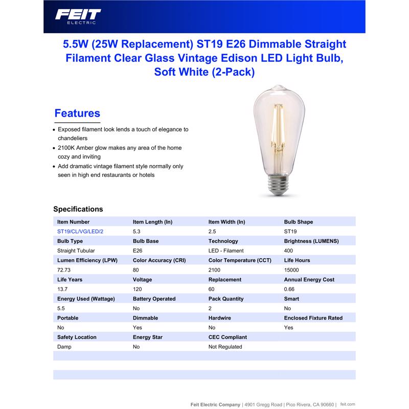 Feit ST19 E26 (Medium) Filament LED Bulb Warm Candle Light 60 Watt Equivalence 2 pk