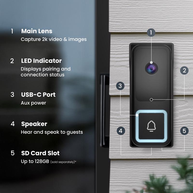 Feit Black Plastic Wired Smart-Enabled Video Doorbell