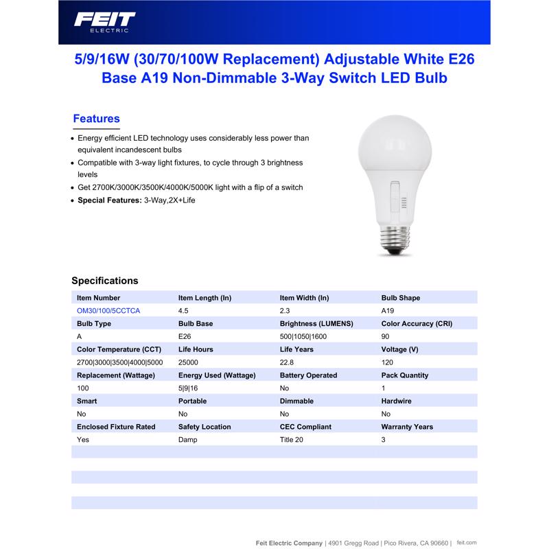 Feit A19 E26 (Medium) LED Bulb Adjustable White 100 Watt Equivalence