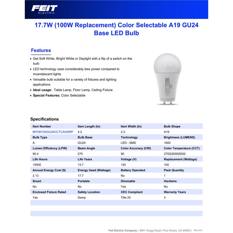 Feit A21 GU24 LED Bulb Adjustable White 100 Watt Equivalence