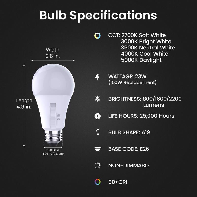 Feit A19 E26 (Medium) LED Bulb Adjustable White 50/75/150 Watt Equivalence