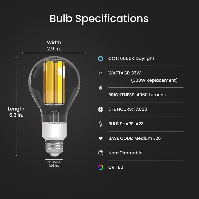 Feit A23 E26 (Medium) Filament LED Bulb Bright White 300 Watt Equivalence