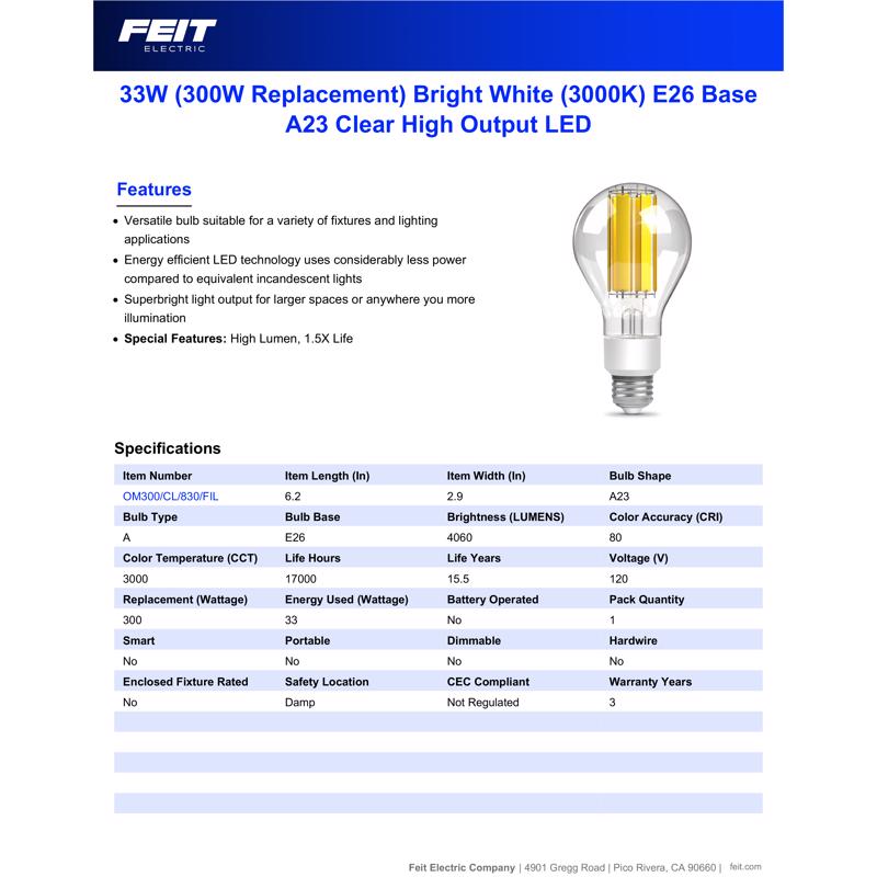 Feit A23 E26 (Medium) Filament LED Bulb Bright White 300 Watt Equivalence