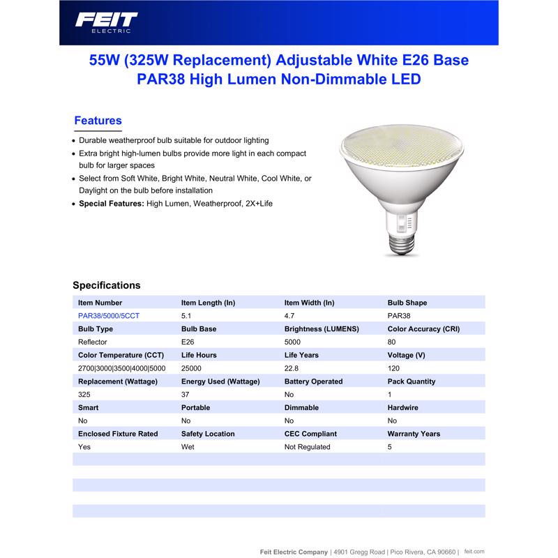 Feit PAR38 E26 (Medium) LED Floodlight Bulb Adjustable White 325 Watt Equivalence