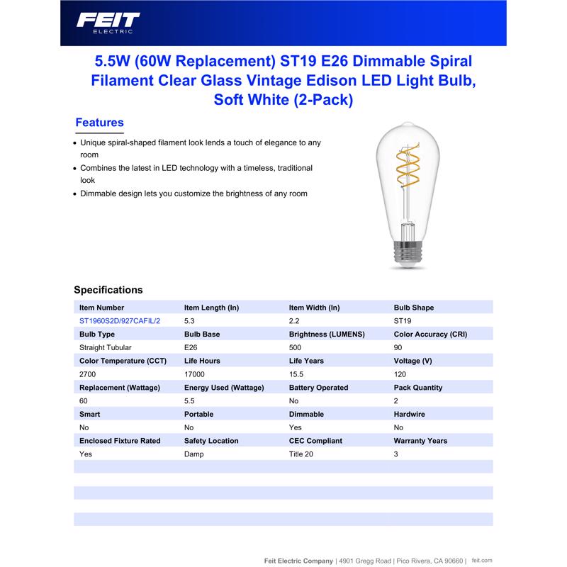 Feit ST19 E26 (Medium) Filament LED Bulb Soft White 60 Watt Equivalence 2 pk