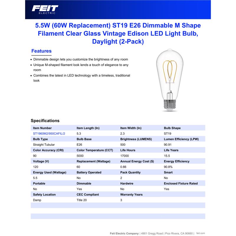 Feit ST19 E26 (Medium) Filament LED Bulb Daylight 60 Watt Equivalence 2 pk