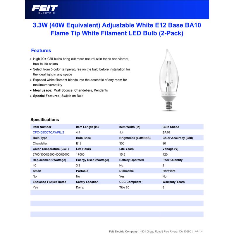 Feit BA10 E12 (Candelabra) LED Bulb Adjustable White 40 Watt Equivalence 2 pk