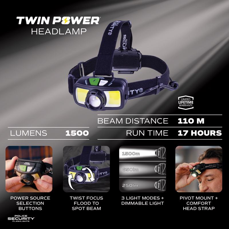 Police Security 1500 lm Black LED Head Lamp