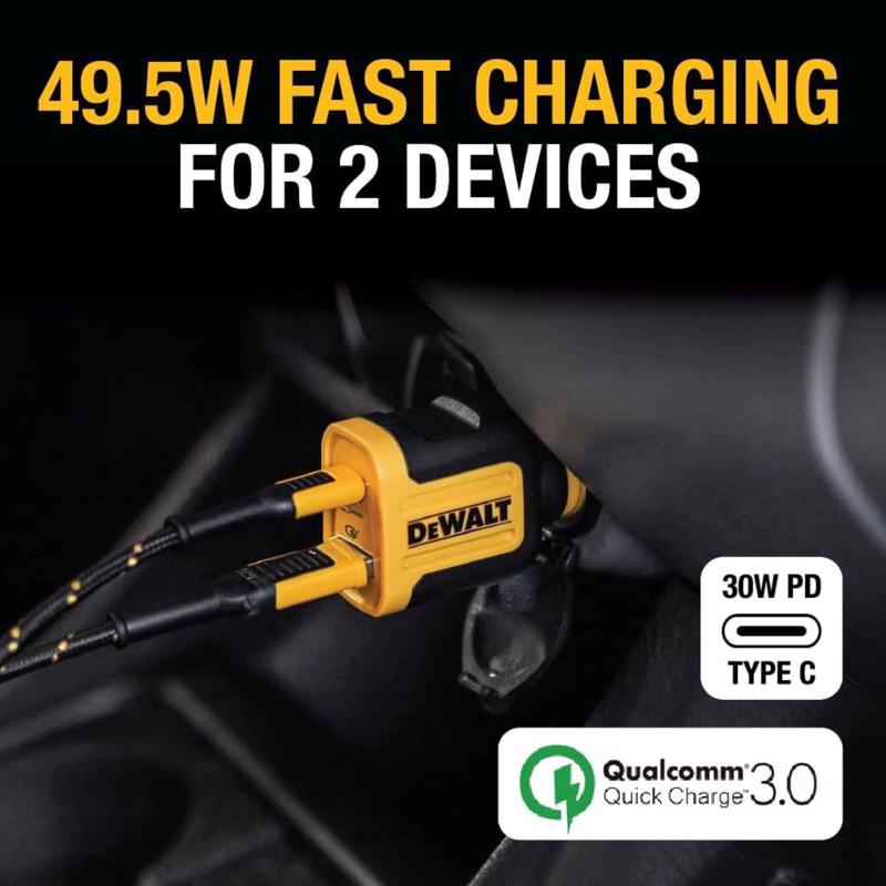 DeWalt Black/Yellow Car Charger 2 Port USB Car Charger For All Mobile Devices