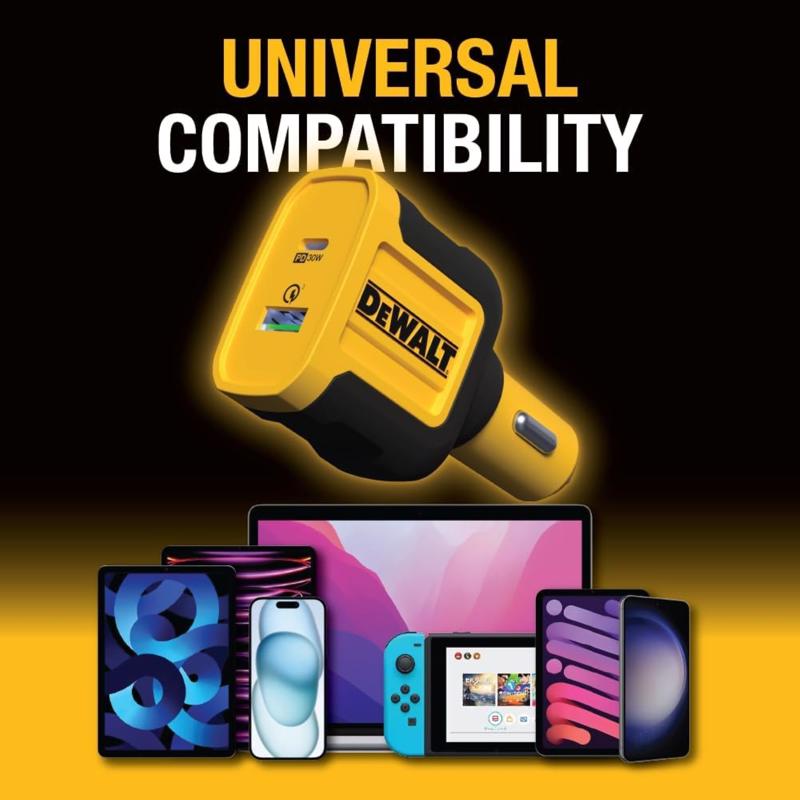 DeWalt Black/Yellow Car Charger 2 Port USB Car Charger For All Mobile Devices