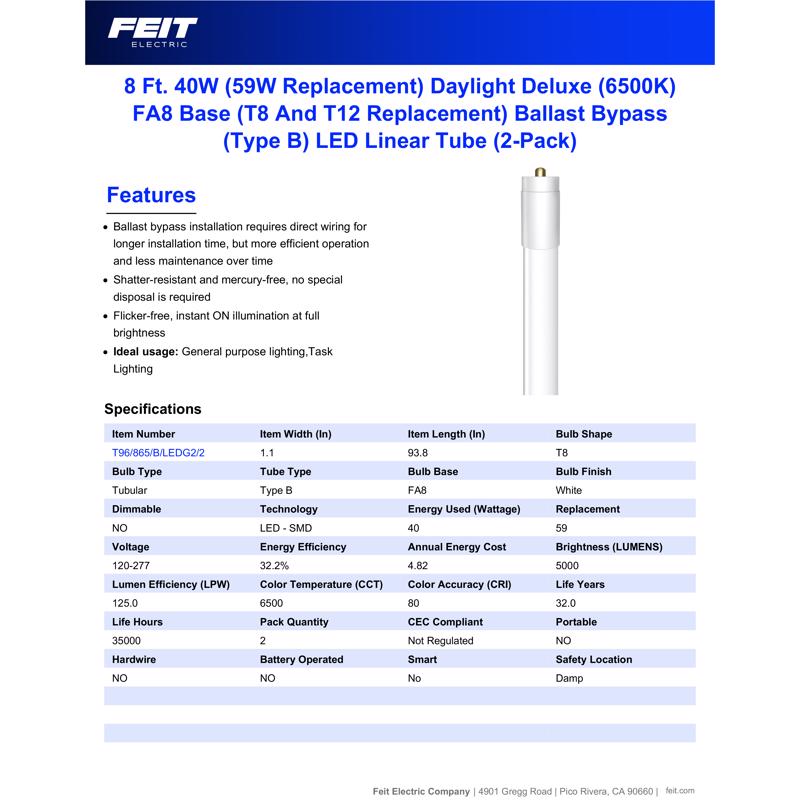 Feit T8 Daylight 93.8 in. FA8 Linear Led Linear 59 Watt Equivalence 2 pk
