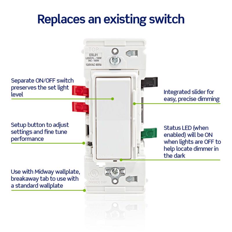 Leviton Lever Edge White Rocker Dimmer Switch