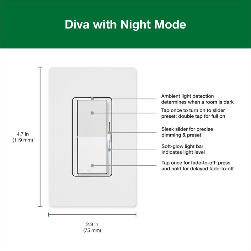 Lutron Diva with Night Mode for Dimmable LED Bulbs White 150 W 3-Way Dimmer Switch