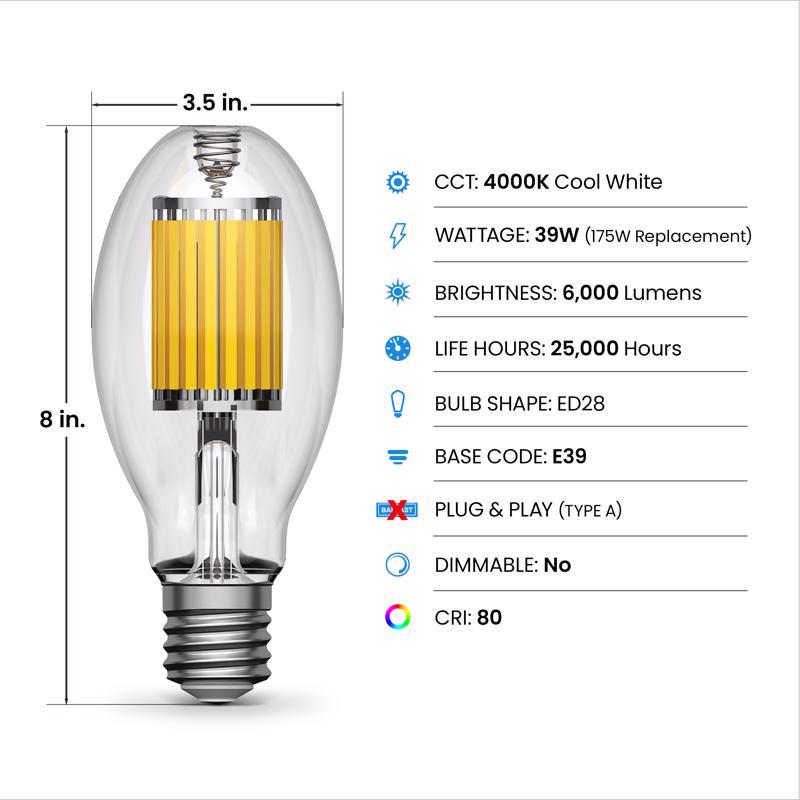 Feit 175 W ED28 HID Bulb 6000 lm Cool White High Lumen