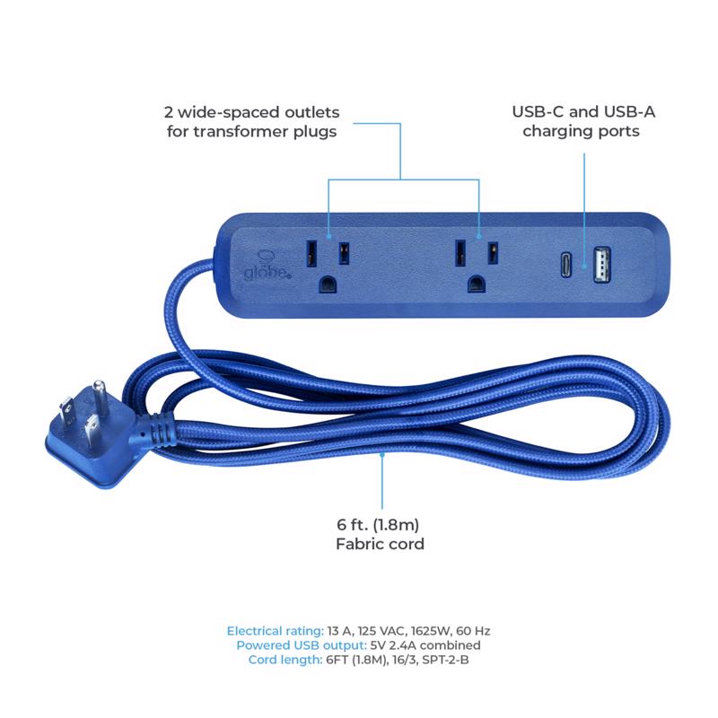 Globe Electric 6 ft. L 2 outlets Power Strip with USB Ports Blue