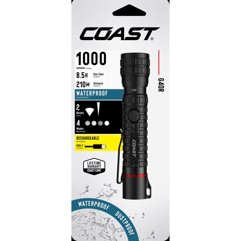 COAST G40R 1000 lm Black LED Rechargeable Rechargeable Flashlight 18650 Battery