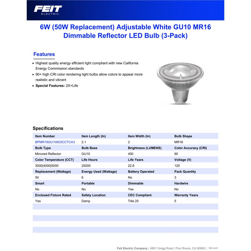 Feit Electric MR16 GU10 LED Bulb Adjustable White 50 Watt Equivalence