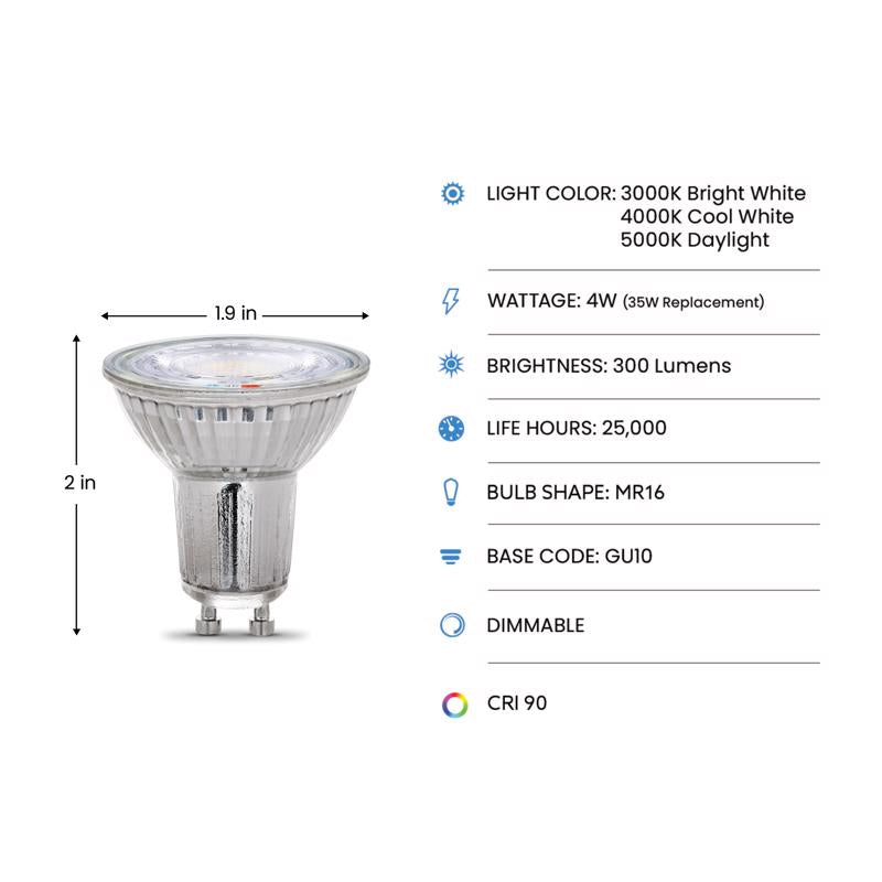 Feit Electric MR16 GU5.3 LED Bulb Adjustable White 35 Watt Equivalence