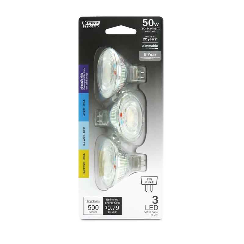 Feit Electric MR16 GU5.3 LED Bulb Adjustable White 50 Watt Equivalence 3 pk