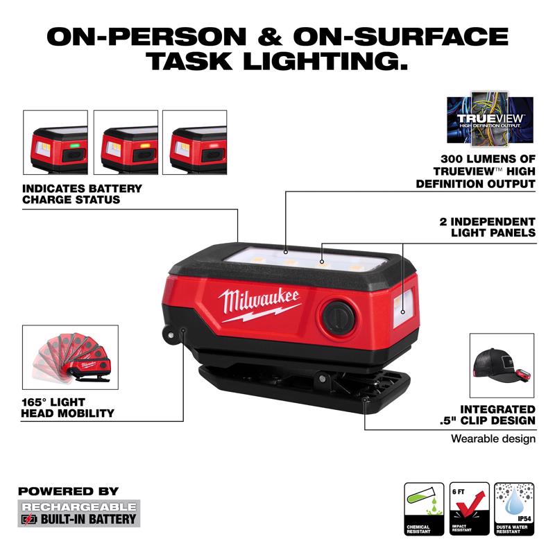 Milwaukee 300 lm Black/Red LED Rechargeable Clip Light