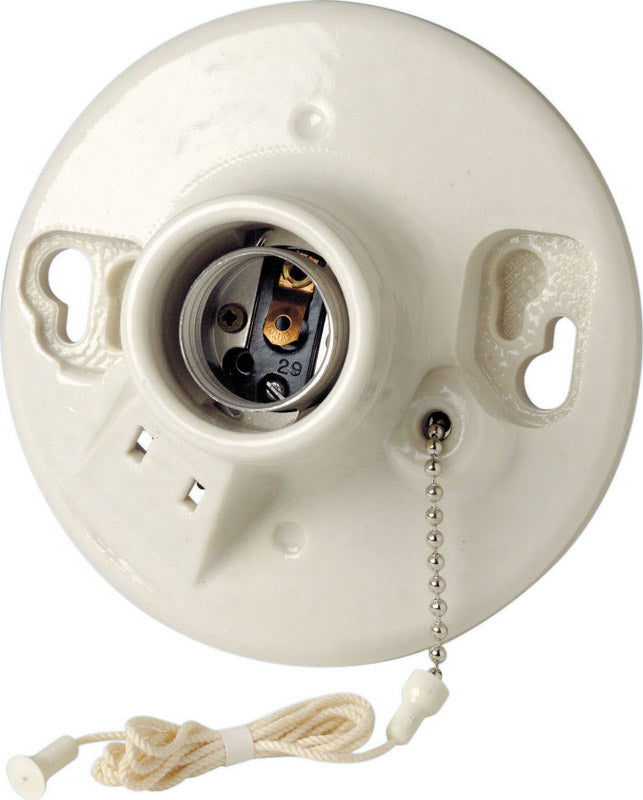 Leviton Porcelain Incandescent Medium Base Pull Chain Socket w/Outlet