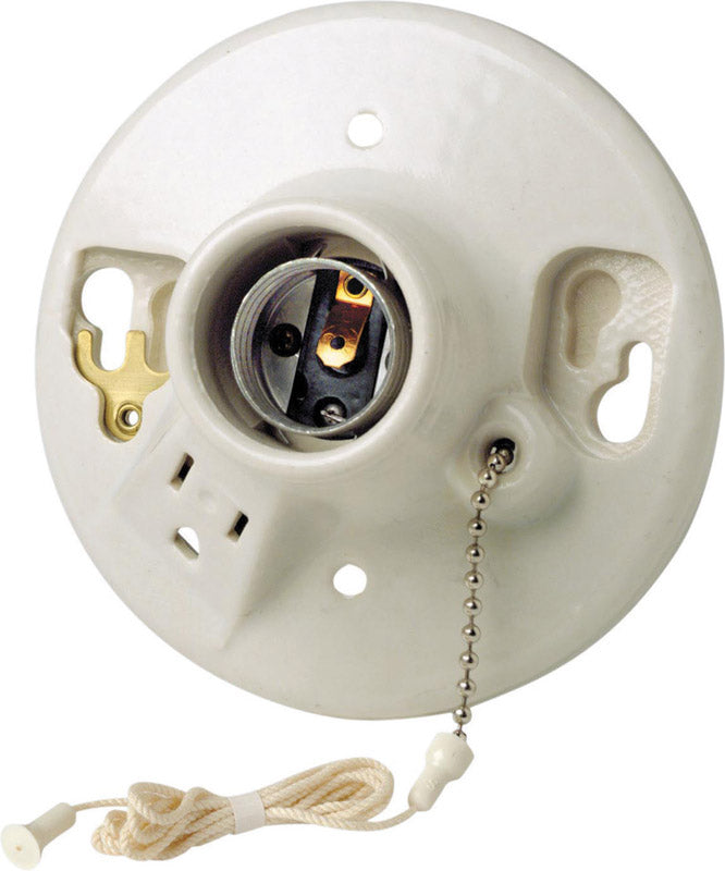 Leviton Porcelain Incandescent Medium Base Pull Chain Socket w/Outlet