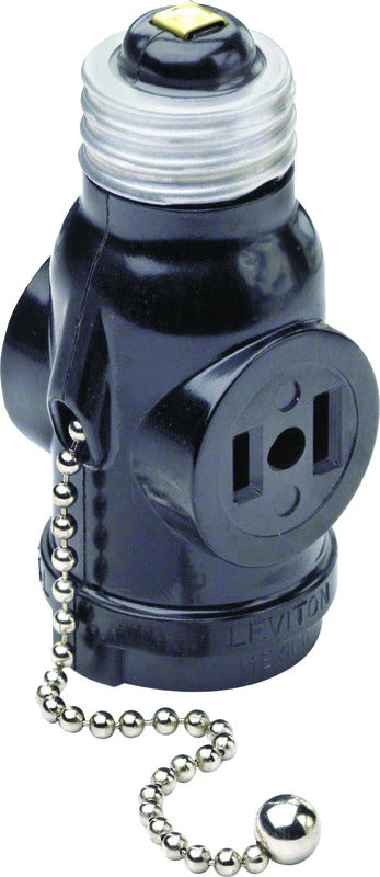 Leviton Plastic Medium Base Lampholder w/Outlet & Pull Chain