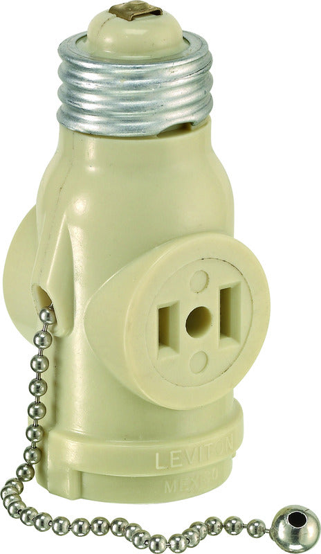 Leviton Plastic Medium Base Lampholder w/Outlet & Pull Chain