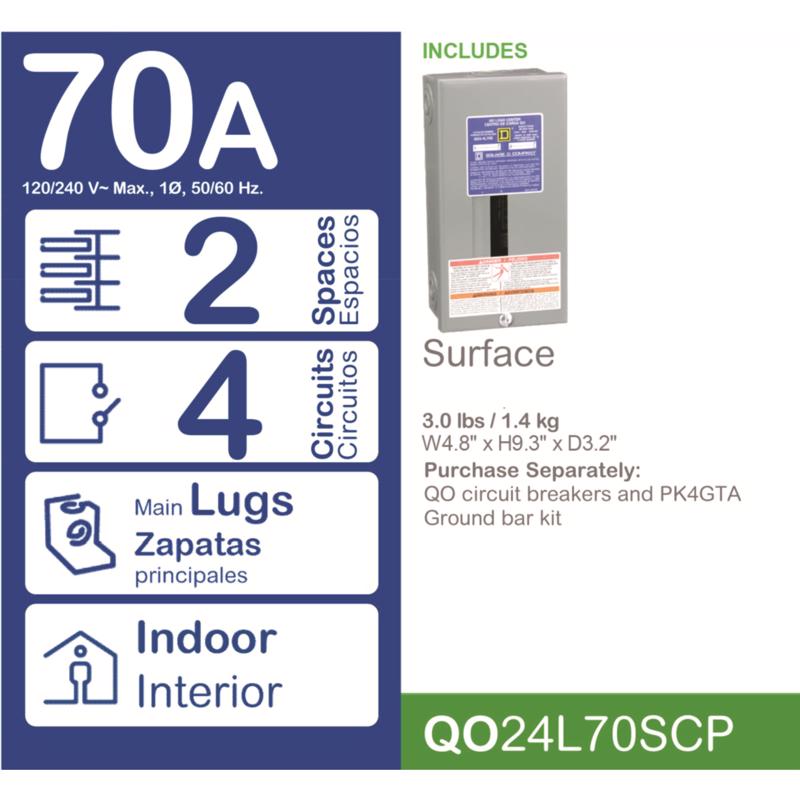 Square D QO 70 amps 120/240 V 2 space 4 circuits Surface Mount Main Lug Load Center