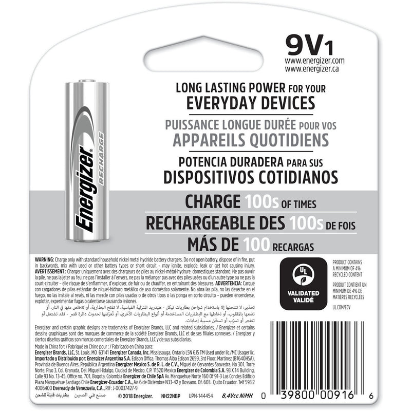 Energizer Recharge NiMH 9-Volt 1.2 V 150 mAh Rechargeable Battery NH22NBP