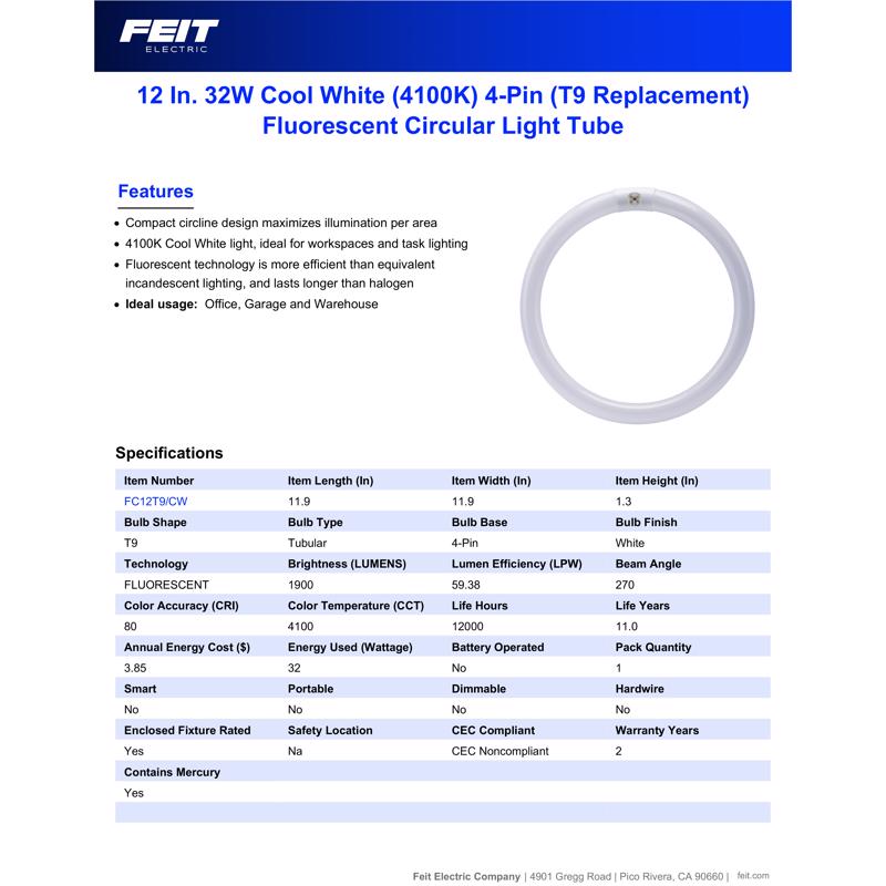 Feit 32 W T9 12 in. D Circline Fluorescent Bulb Cool White Circular 4100 K