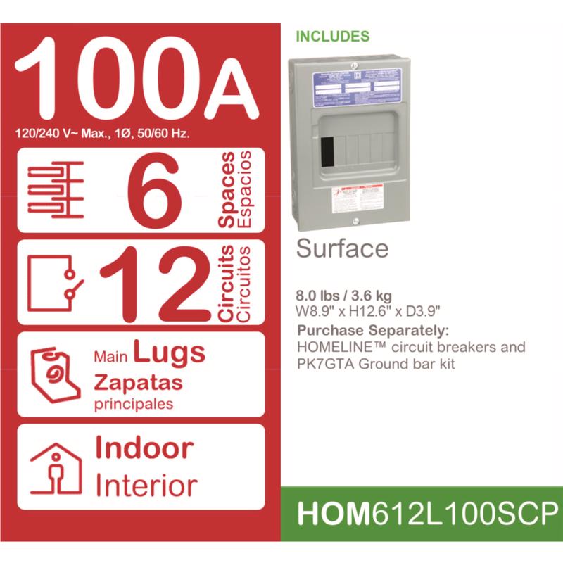 Square D HomeLine 100 amps 120/240 V 6 space 12 circuits Surface Mount Main Lug Load Center