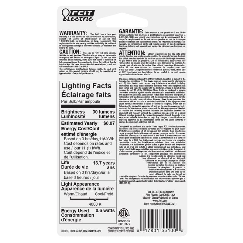 Feit C7 E12 (Candelabra) LED Bulb White 7 Watt Equivalence 2 pk
