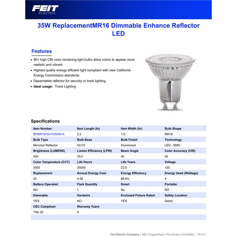 Feit Enhance MR16 GU10 LED Bulb Bright White 35 Watt Equivalence