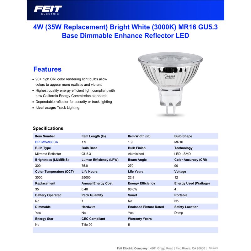 Feit Enhance MR16 GU5.3 LED Bulb Bright White 35 Watt Equivalence