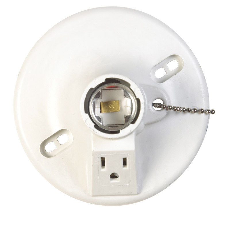 Allied Moulded Plastic Medium Base Lampholder w/Outlet & Pull Chain