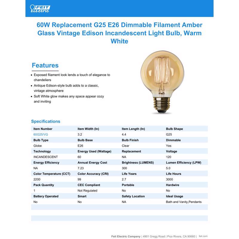 Feit The Original 60 W G25 Vintage Incandescent Bulb E26 (Medium) Soft White