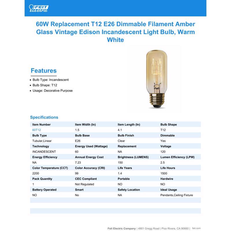 Feit The Original 60 W T12 Vintage Incandescent Bulb E26 (Medium) Soft White