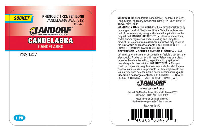 Jandorf Phenolic Candelabra Base Socket w/Single Leg Hickey