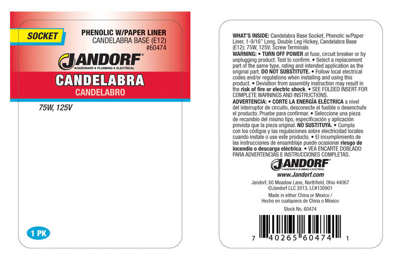 Jandorf Phenolic Candelabra Base Socket w/Paper Lining