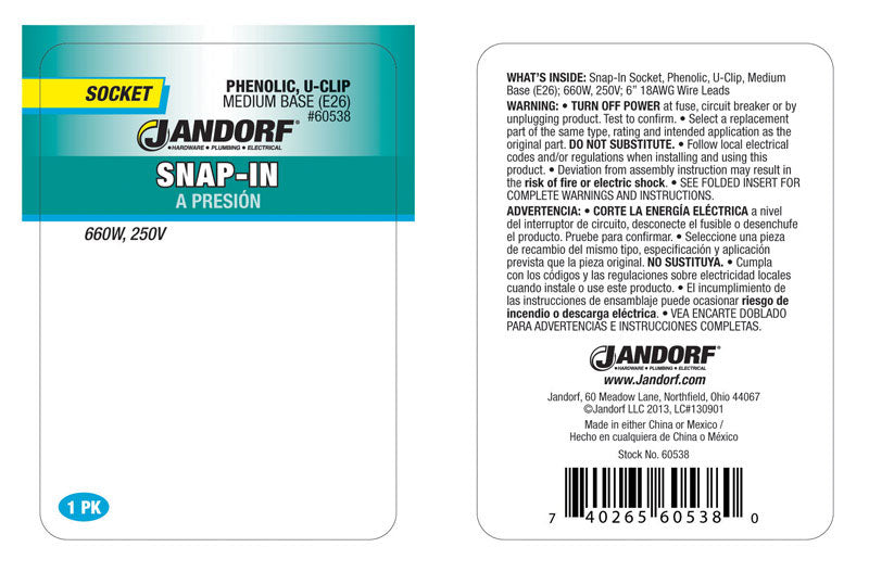Jandorf Phenolic Medium Base Snap-In Socket