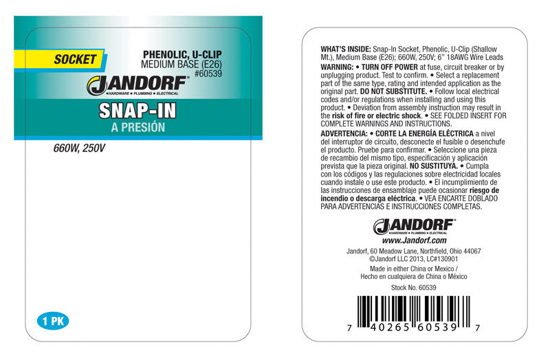 Jandorf Phenolic Medium Base Snap-In Socket