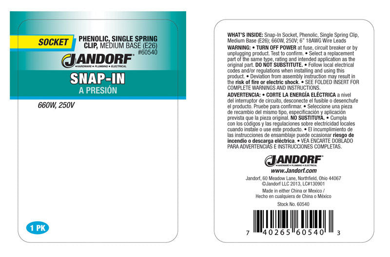 Jandorf Phenolic Medium Base Snap-In Socket