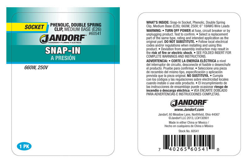 Jandorf Phenolic Medium Base Snap-In Socket