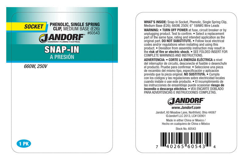 Jandorf Phenolic Medium Base Snap-In Socket
