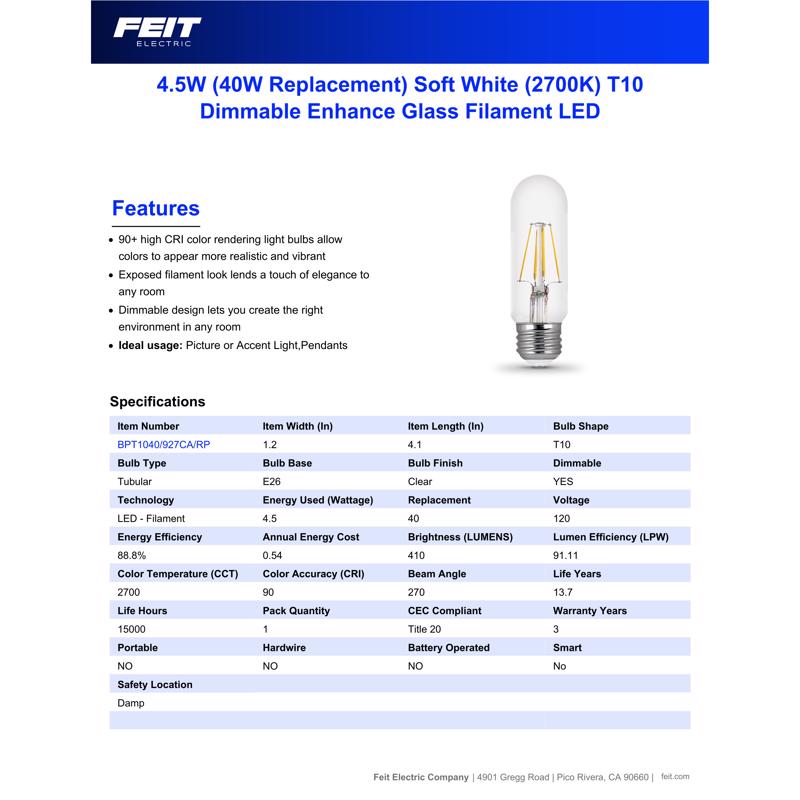 Feit T10 E26 (Medium) Filament LED Bulb Warm White 40 Watt Equivalence
