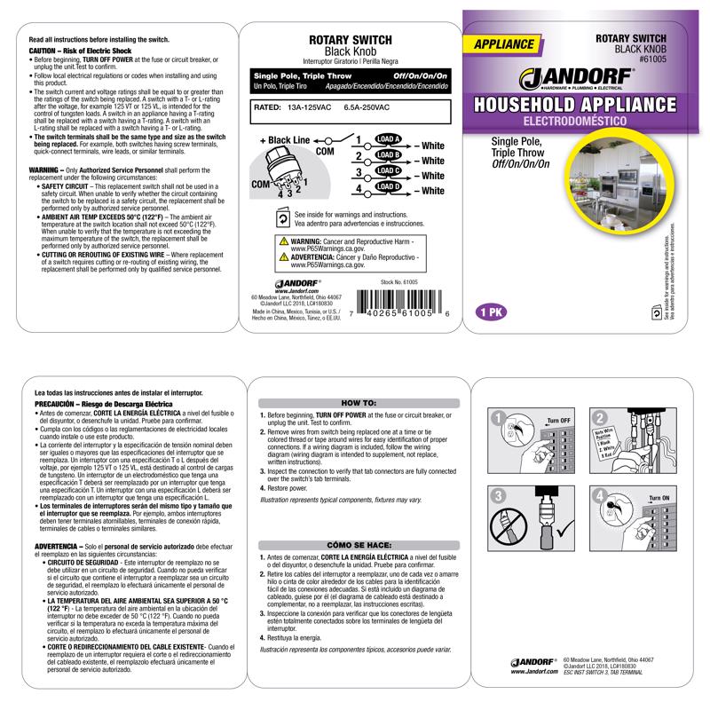 Jandorf 13 amps Single Pole Rotary Appliance Switch Black