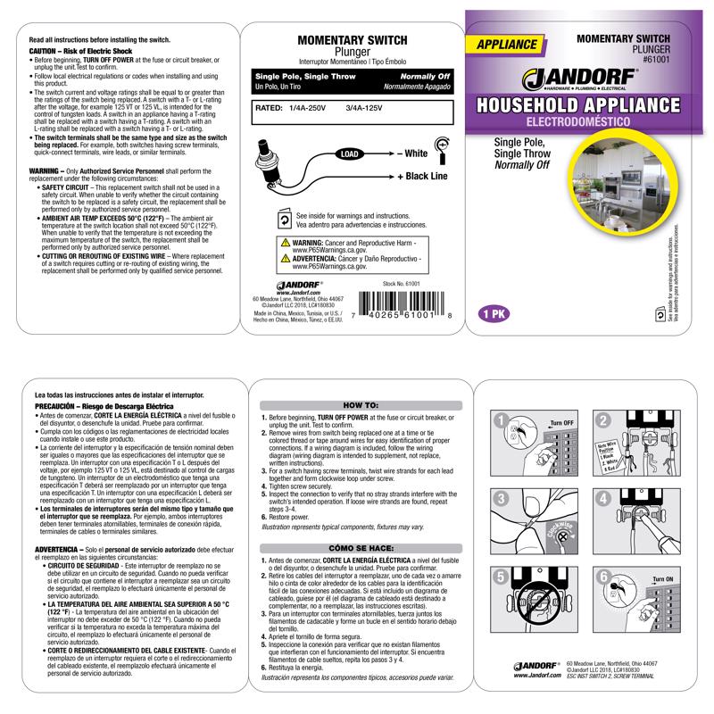 Jandorf 0.25 amps Single Pole Momentary/Normally Off Appliance Switch Black/Silver