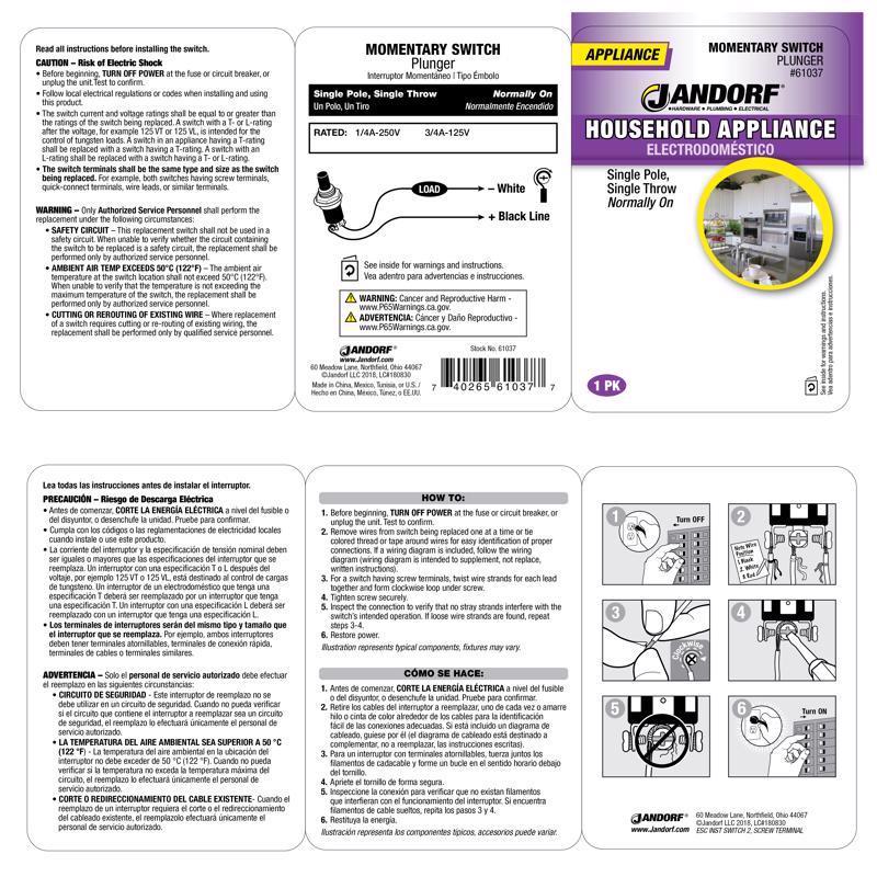 Jandorf 0.25 amps Single Pole Momentary/Normally On Appliance Switch Black